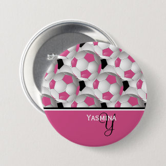 Monogram Pink Black Soccer Ball Pattern Button