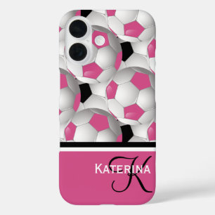 Monogram Pink Black Soccer Ball Pattern iPhone 16 Hülle