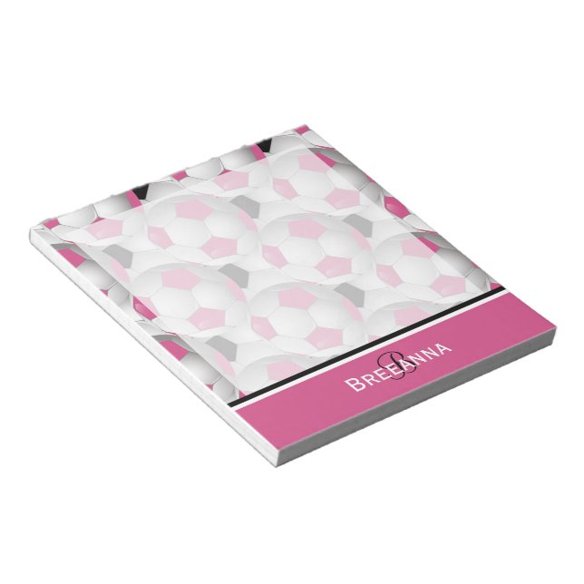 Monogram Pink Black Soccer Ball Pattern Notizblock (angewinkelt)