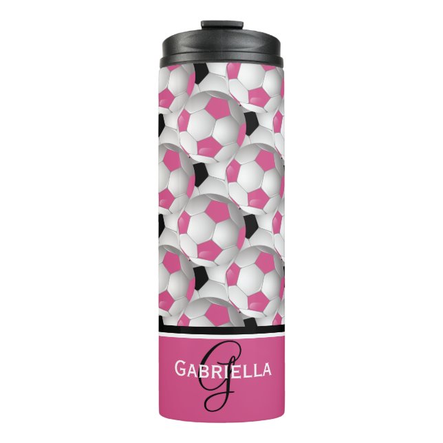 Monogram Pink Black Soccer Ball Pattern Thermosbecher (Vorderseite)