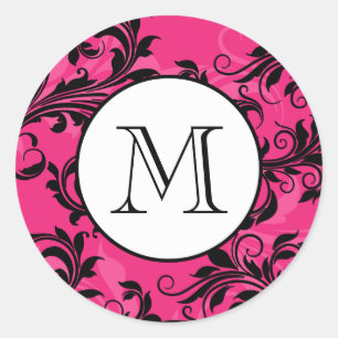 Monogram Pink Black Verziert Scrolls Wedding Stick Runder Aufkleber