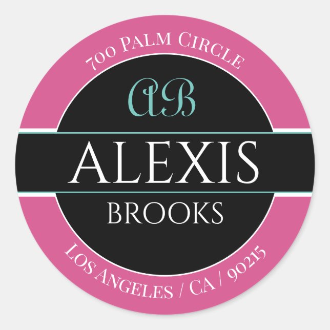 Monogram, Pink Black & White, DIY Name Address Runder Aufkleber (Vorderseite)