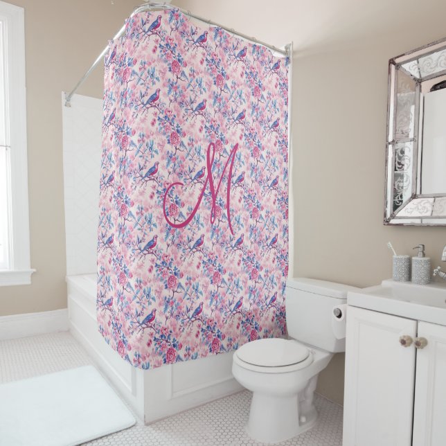 Monogram Pink Blue Birds Floral Toile Chinoiserie Duschvorhang (Beispiel)