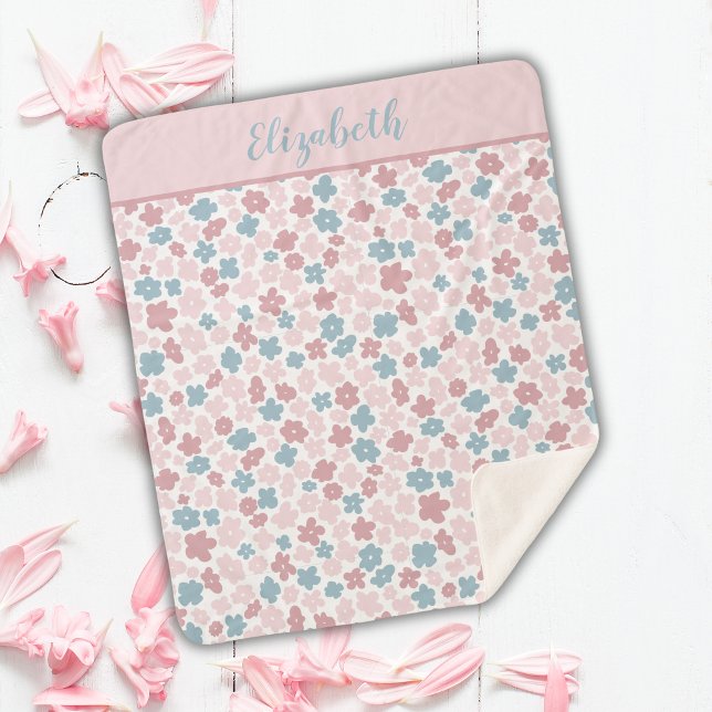 Monogram Pink Blue Floral Modern Boho Trendy Gesch Sherpadecke (Pink Blue Boho Floral Personalized Sherpa Blanket in three sizes.)