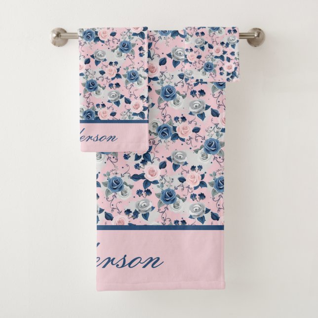 Monogram Pink Blue Floral Rose Elegantes Geschenk Badhandtuch Set (Insitu)