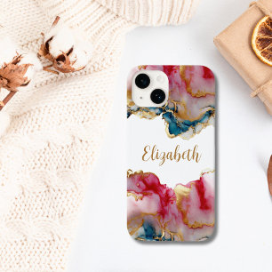 Monogram Pink Blue Gold Wash Aquarell Abstrakt Case-Mate iPhone 14 Hülle