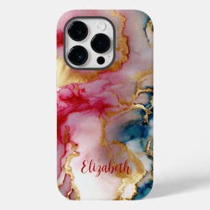 Monogram Pink Blue Gold Wash Splash Wasserfarbe Case-Mate iPhone 14 Pro Hülle