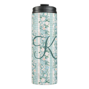 Monogram Pink Blue Watercolor Florals Gingham Thermosbecher
