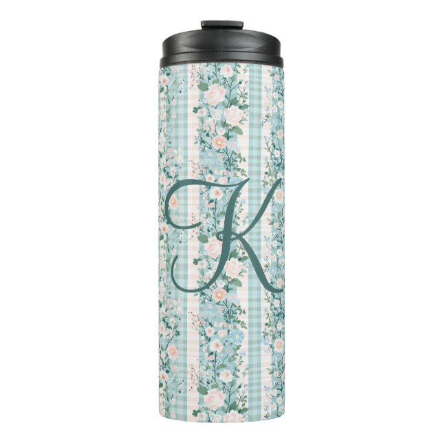 Monogram Pink Blue Watercolor Florals Gingham Thermosbecher (Vorderseite)