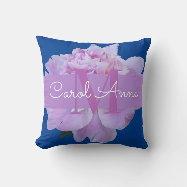 Monogram Pink Blume Blue Throw Kissen (Vorderseite)