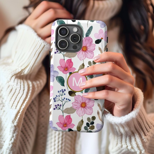 Monogram Pink Blume Muster iPhone Gehäuse 16 Hülle (Von Creator hochgeladen)
