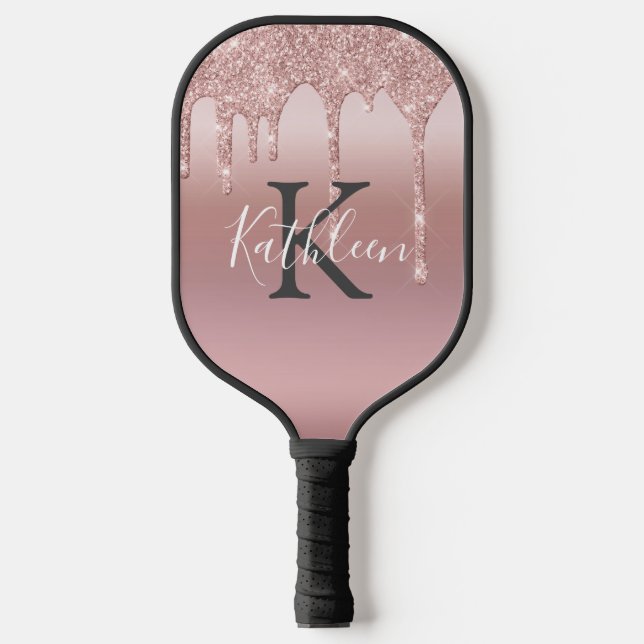 Monogram Pink Blush Rose Gold Drilling Glitzer Pickleball Schläger (Vorderseite)