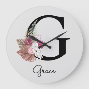 Monogram Pink Boho Girly Floral Initial G Große Wanduhr