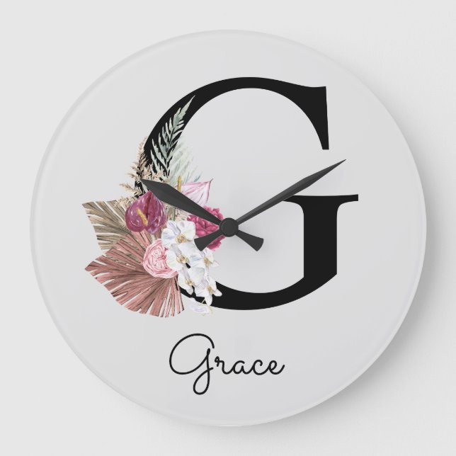 Monogram Pink Boho Girly Floral Initial G Große Wanduhr (Vorderseite)