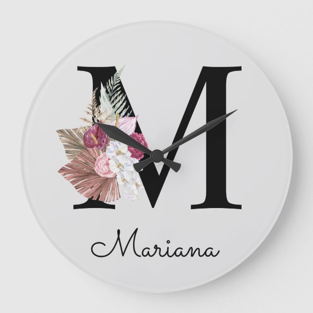Monogram Pink Boho Girly Floral Initial Große Wanduhr (Vorderseite)