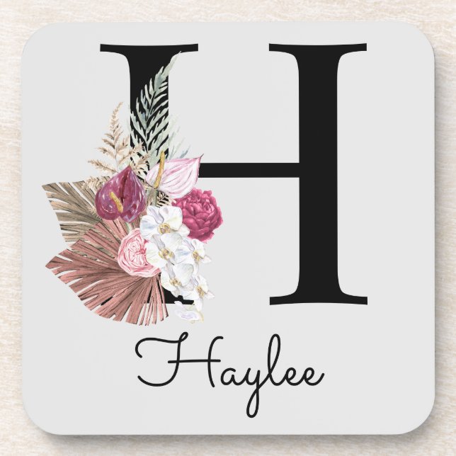 Monogram Pink Boho Girly Floral Initial H Getränkeuntersetzer (Vorderseite)