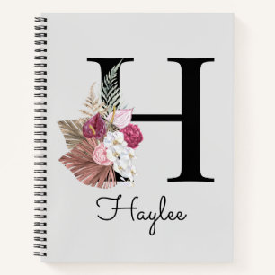 Monogram Pink Boho Girly Floral Initial H Notizbuch