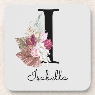 Monogram Pink Boho Girly Floral Initial I Getränkeuntersetzer