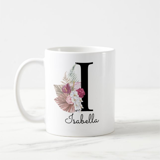 Monogram Pink Boho Girly Floral Initial I Kaffeetasse (Links)