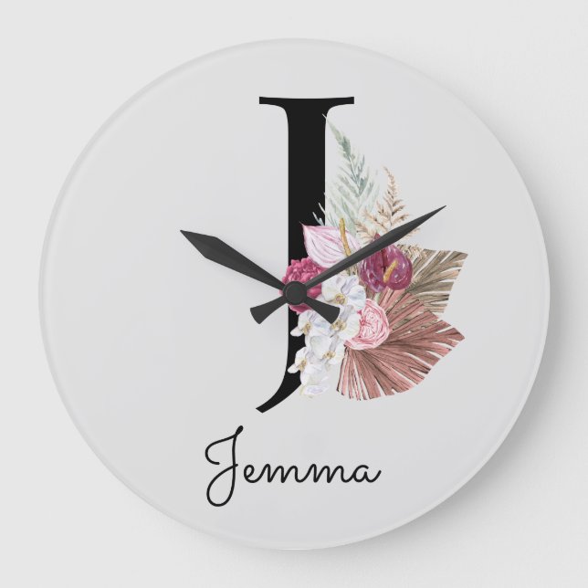 Monogram Pink Boho Girly Floral Initial J Große Wanduhr (Vorderseite)