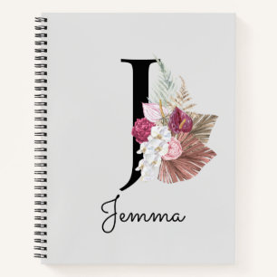 Monogram Pink Boho Girly Floral Initial J Notizbuch