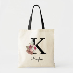 Monogram Pink Boho Girly Floral Initial K Tragetasche