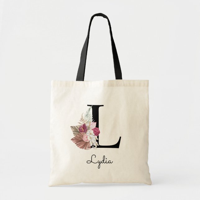 Monogram Pink Boho Girly Floral Initial L Tragetasche (Vorne)