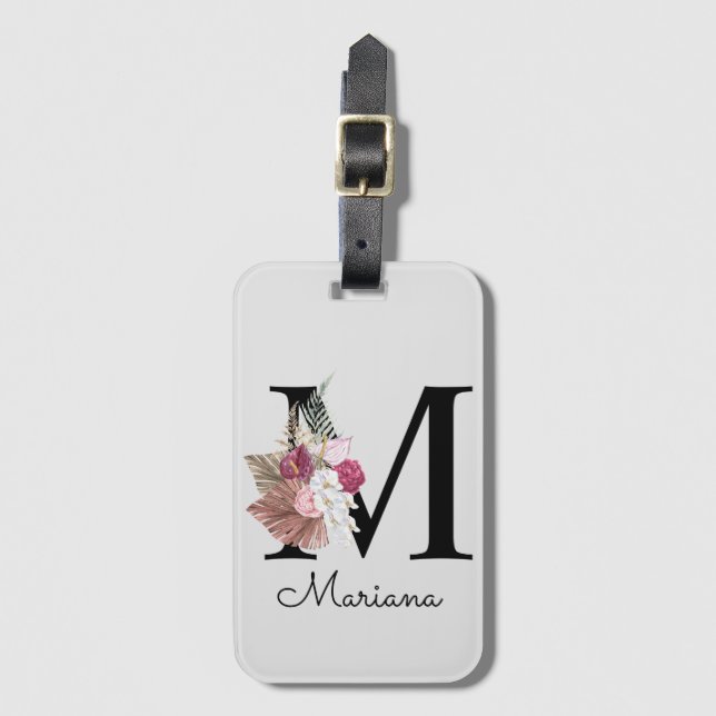 Monogram Pink Boho Girly Floral Initial M Gepäckanhänger (Vorderseite Vertikal)