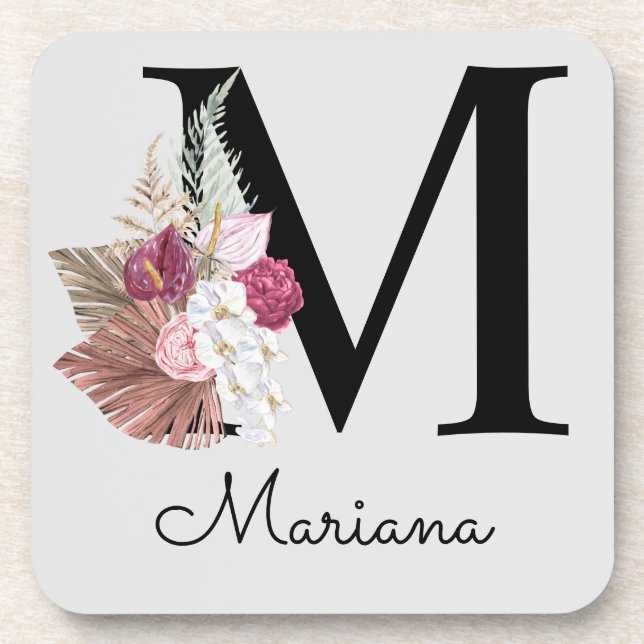 Monogram Pink Boho Girly Floral Initial M Getränkeuntersetzer (Vorderseite)