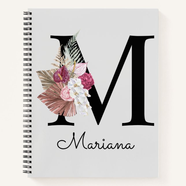Monogram Pink Boho Girly Floral Initial M Notizbuch (Vorderseite)