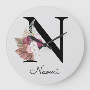 Monogram Pink Boho Girly Floral Initial N Große Wanduhr