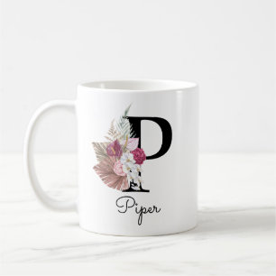 Monogram Pink Boho Girly Floral Initial P Kaffeetasse
