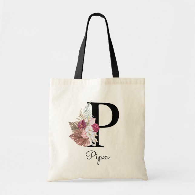 Monogram Pink Boho Girly Floral Initial P Tragetasche (Vorne)