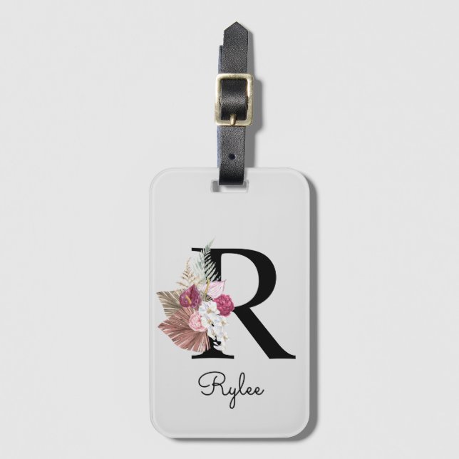 Monogram Pink Boho Girly Floral Initial R Gepäckanhänger (Vorderseite Vertikal)