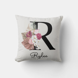 Monogram Pink Boho Girly Floral Initial R Kissen