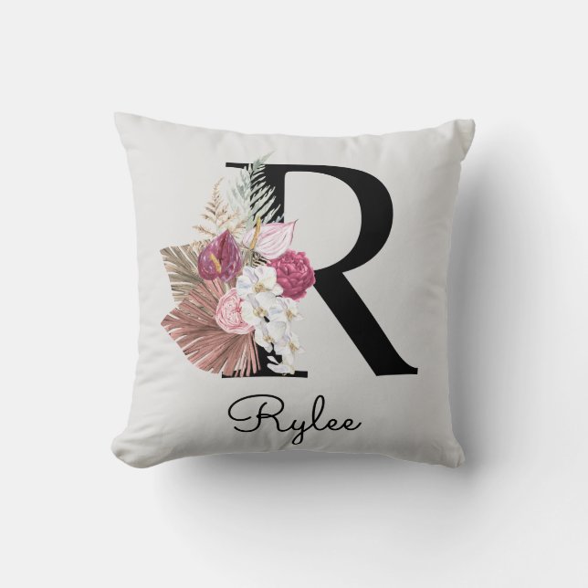 Monogram Pink Boho Girly Floral Initial R Kissen (Vorderseite)