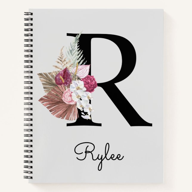 Monogram Pink Boho Girly Floral Initial R Notizbuch (Vorderseite)