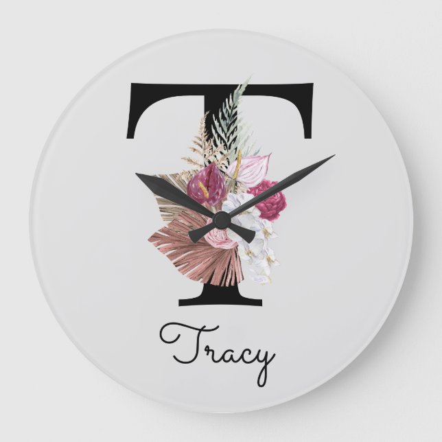 Monogram Pink Boho Girly Floral Initial t Große Wanduhr (Vorderseite)