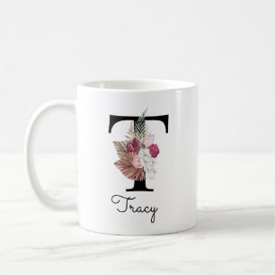 Monogram Pink Boho Girly Floral Initial t Kaffeetasse