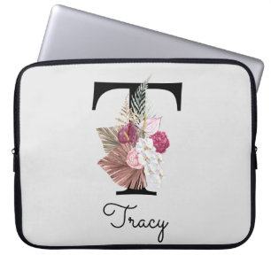Monogram Pink Boho Girly Floral Initial t Laptopschutzhülle
