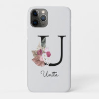 Monogram Pink Boho Girly Floral Initial U