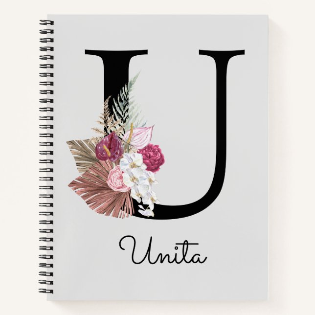 Monogram Pink Boho Girly Floral Initial U Notizbuch (Vorderseite)
