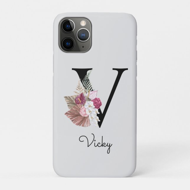 Monogram Pink Boho Girly Floral Initial V Case-Mate iPhone Hülle (Rückseite)