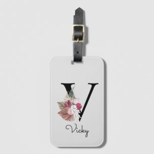 Monogram Pink Boho Girly Floral Initial V Gepäckanhänger