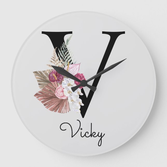 Monogram Pink Boho Girly Floral Initial V Große Wanduhr (Vorderseite)