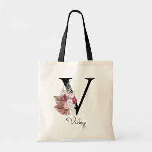 Monogram Pink Boho Girly Floral Initial V Tragetasche