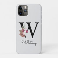 Monogram Pink Boho Girly Floral Initial W