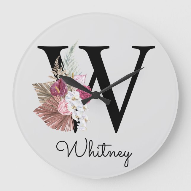 Monogram Pink Boho Girly Floral Initial W Große Wanduhr (Vorderseite)