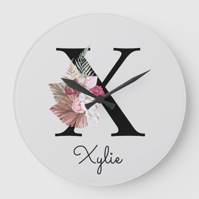 Monogram Pink Boho Girly Floral Initial X Große Wanduhr (Vorderseite)