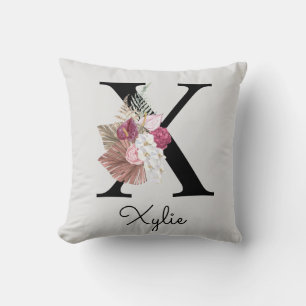 Monogram Pink Boho Girly Floral Initial X Kissen